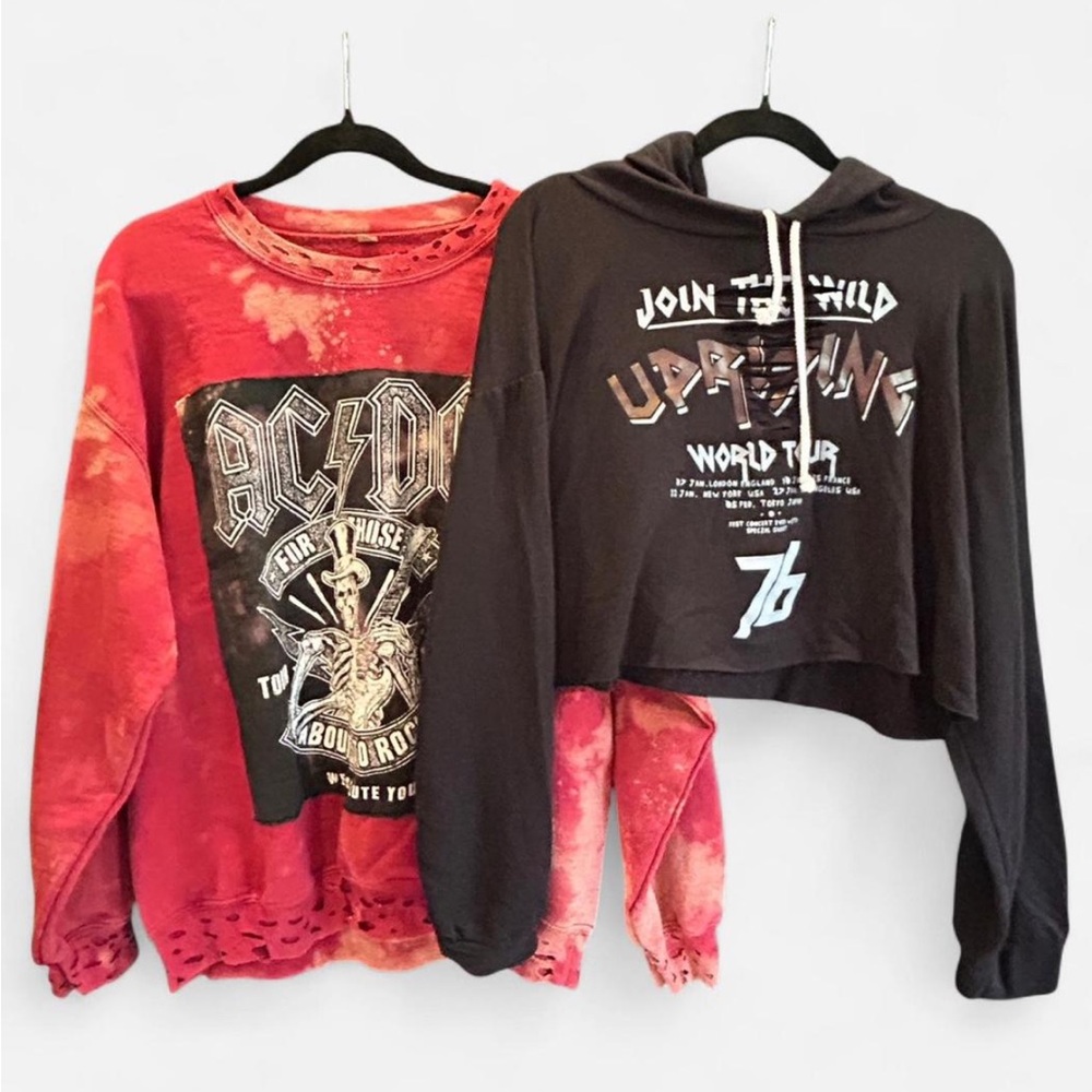 Rock Rose Couture cropped hoodie and red band distressed sweatshirt